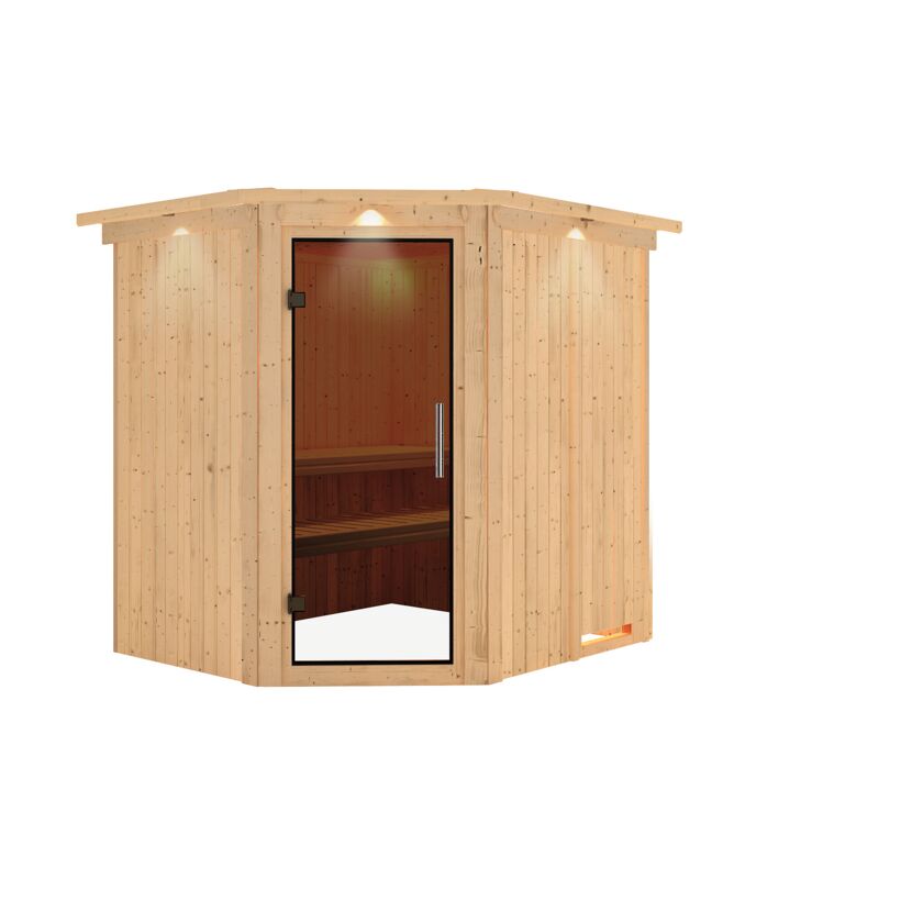 Elementsauna 'Alena'naturbelassen mit Kranz und graphitfarbenerr Tür 210 x 184 x 202 cm