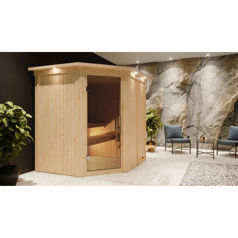 Elementsauna 'Alena'naturbelassen mit Kranz und graphitfarbenerr Tür 9 kW Ofen integrierte Steuerung 210 x 184 x 202 cm