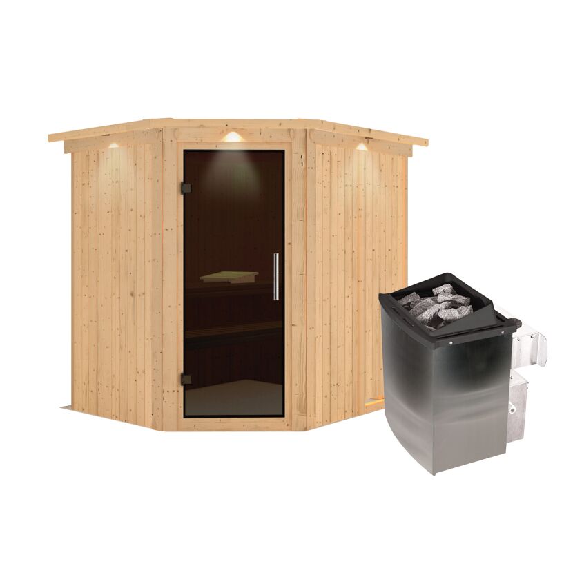 Elementsauna 'Alena'naturbelassen mit Kranz und graphitfarbenerr Tür 9 kW Ofen integrierte Steuerung 210 x 184 x 202 cm
