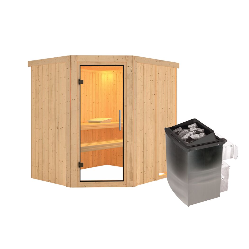 Elementsauna 'Alena' naturbelassen mit Klarglastür 9 kW Ofen integrierte Steuerung 196 x 170 x 198 cm
