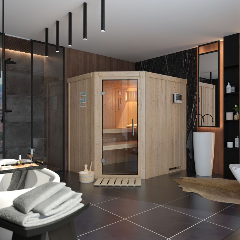 Elementsauna 'Alena' naturbelassen mit Klarglastür 9 kW Ofen externe Steuerung easy 196 x 170 x 198 cm