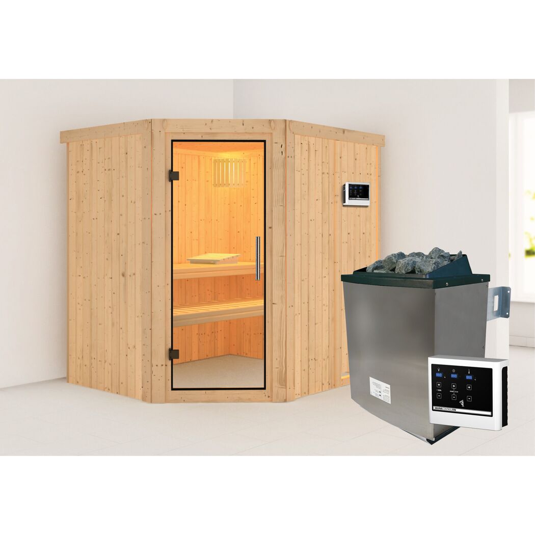 Elementsauna 'Alena' naturbelassen mit Klarglastür 9 kW Ofen externe Steuerung easy 196 x 170 x 198 cm