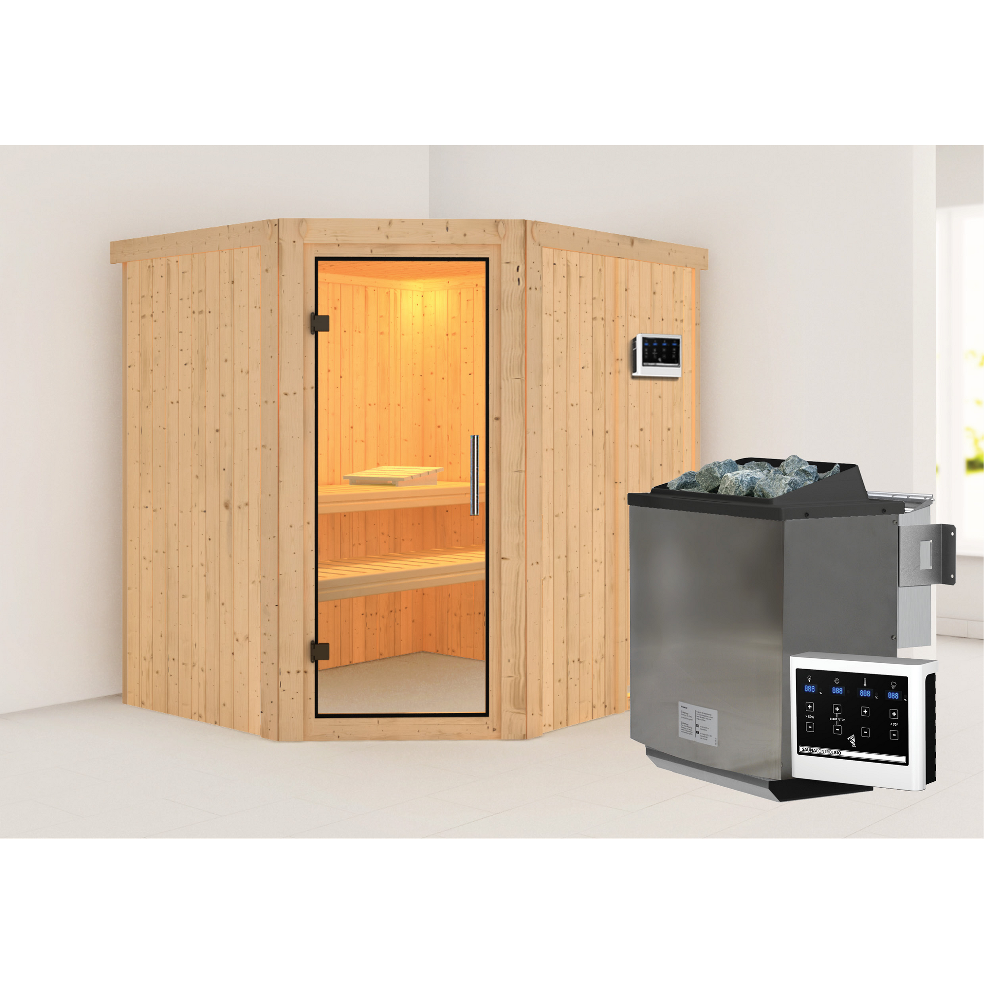 Elementsauna 'Alena' naturbelassen mit Klarglastür 9 kW Bio-Ofen externe Steuerung easy 196 x 170 x 198 cm