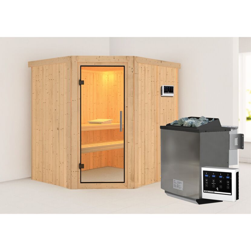 Elementsauna 'Alena' naturbelassen mit Klarglastür 9 kW Bio-Ofen externe Steuerung easy 196 x 170 x 198 cm