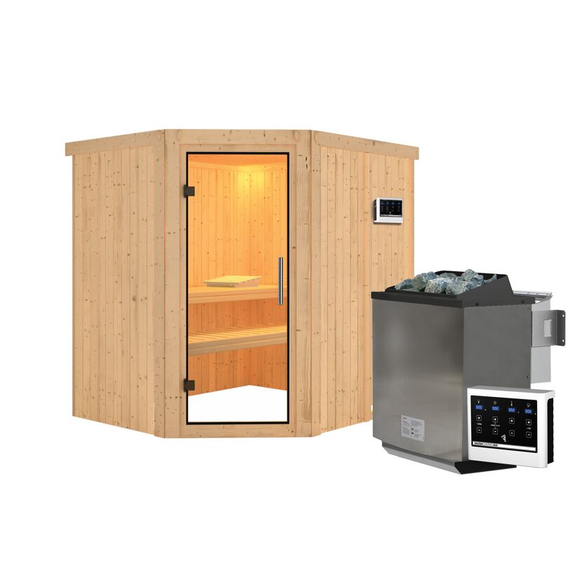 Elementsauna 'Alena' naturbelassen mit Klarglastür 9 kW Bio-Ofen externe Steuerung easy 196 x 170 x 198 cm