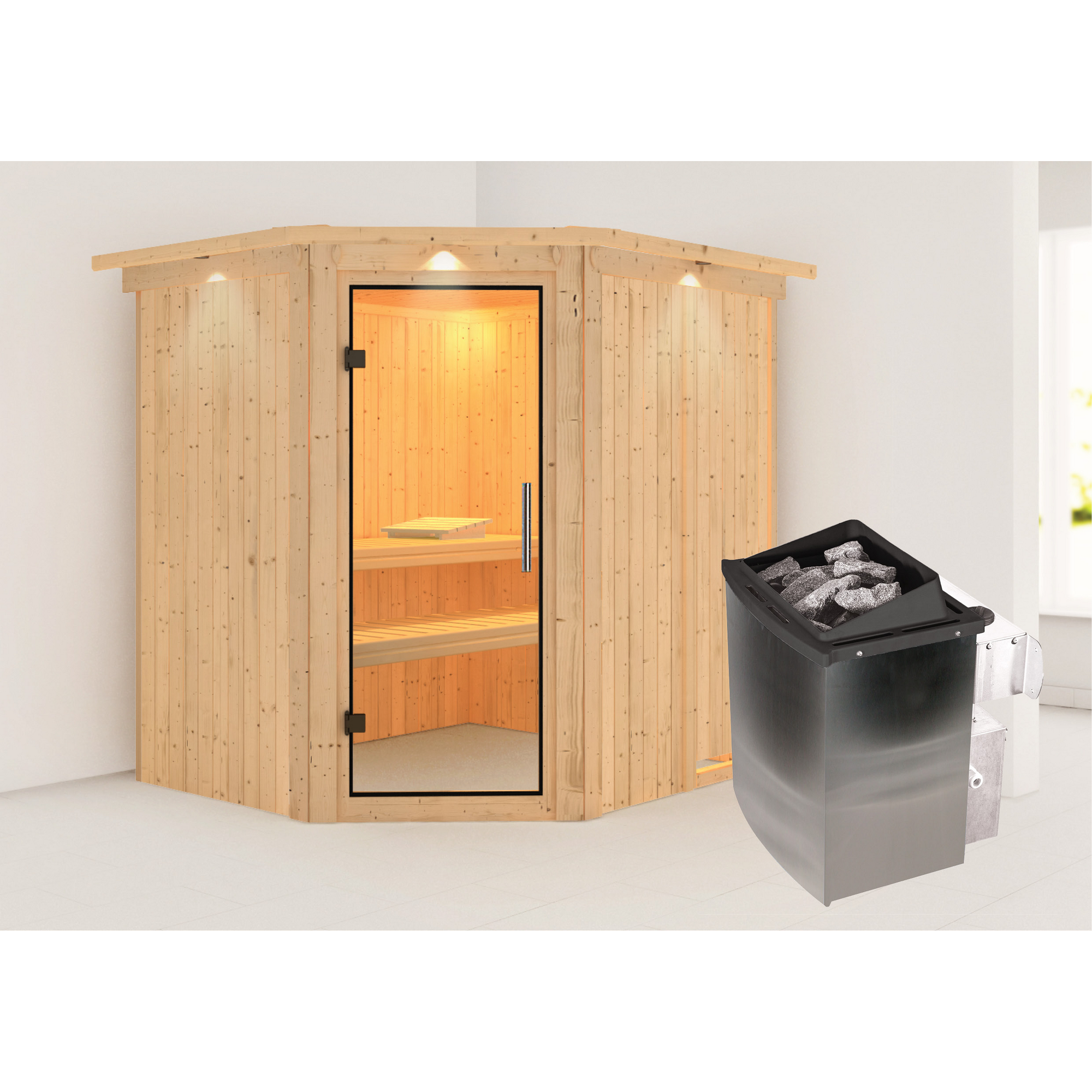 Elementsauna 'Alena' naturbelassen mit Kranz und Klarglastür 9 kW Ofen integrierte Steuerung 210 x 184 x 202 cm + product picture