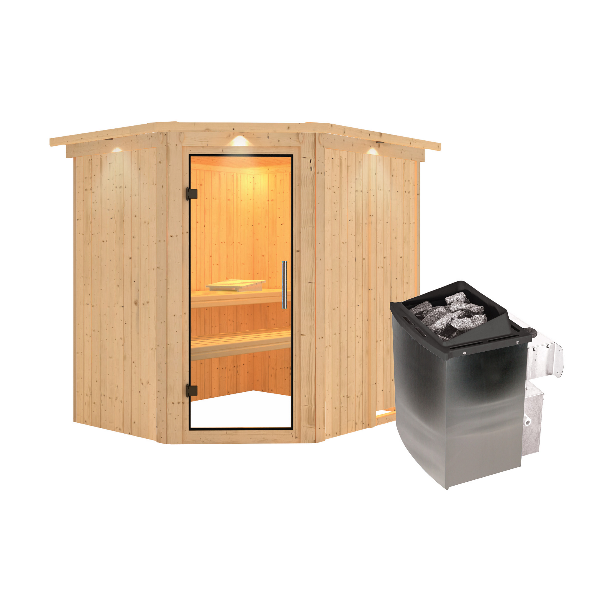 Elementsauna 'Alena' naturbelassen mit Kranz und Klarglastür 9 kW Ofen integrierte Steuerung 210 x 184 x 202 cm + product picture