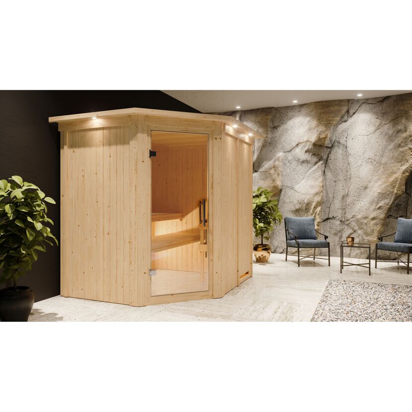 Elementsauna 'Alena' naturbelassen mit Kranz und Klarglastür 9 kW Ofen externe Steuerung easy 210 x 184 x 202 cm