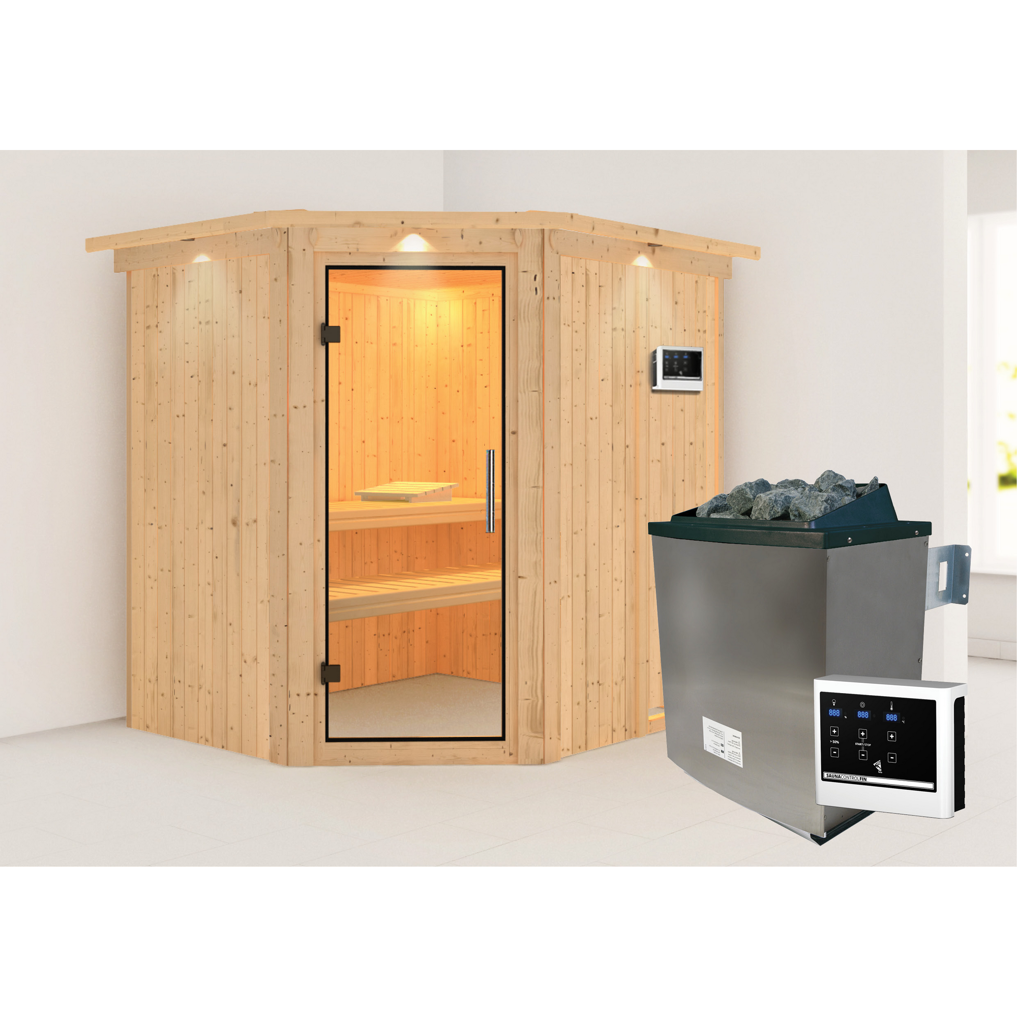 Elementsauna 'Alena' naturbelassen mit Kranz und Klarglastür 9 kW Ofen externe Steuerung easy 210 x 184 x 202 cm + product picture