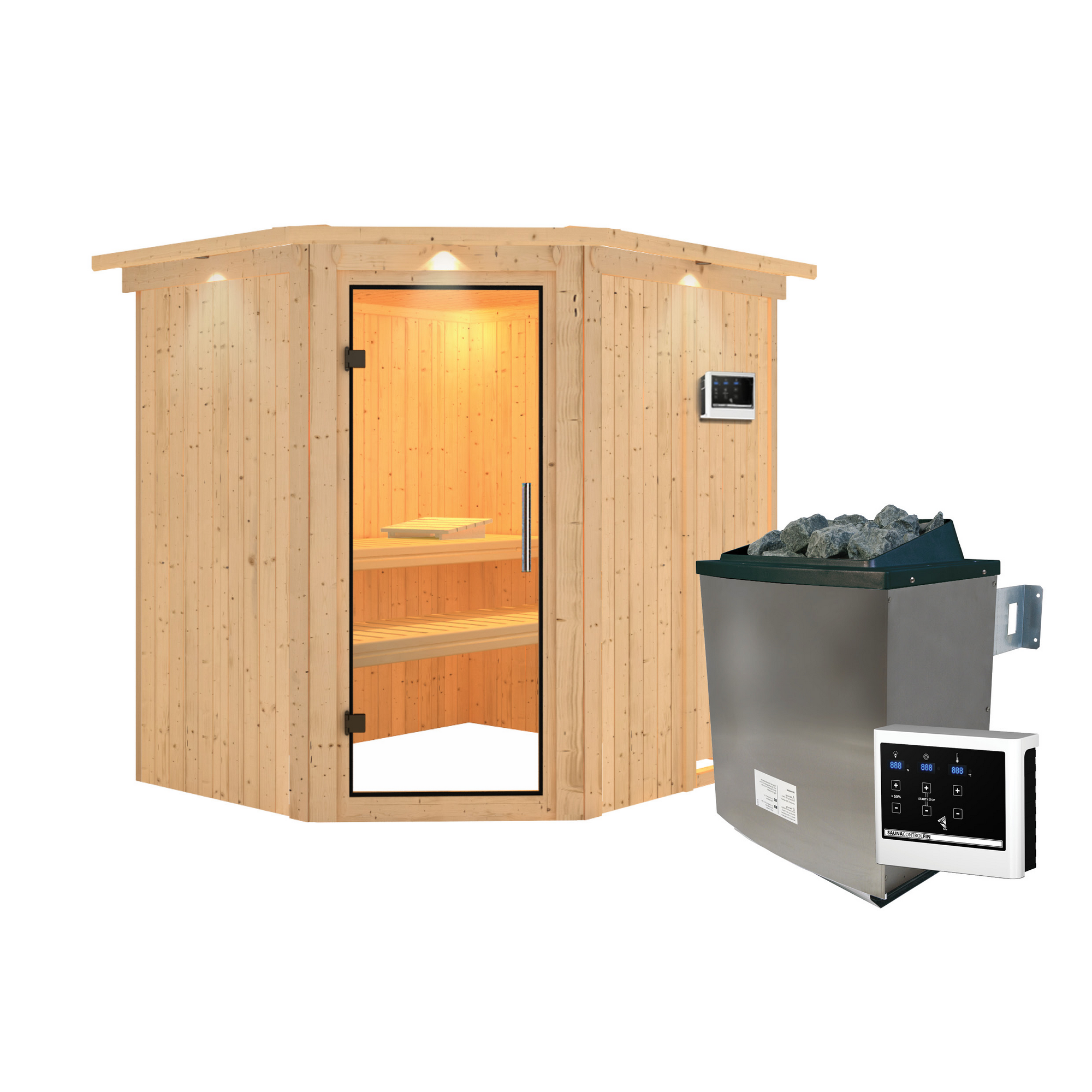 Elementsauna 'Alena' naturbelassen mit Kranz und Klarglastür 9 kW Ofen externe Steuerung easy 210 x 184 x 202 cm + product picture