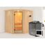 Ecksauna aus hellem Holz mit Saunaofen