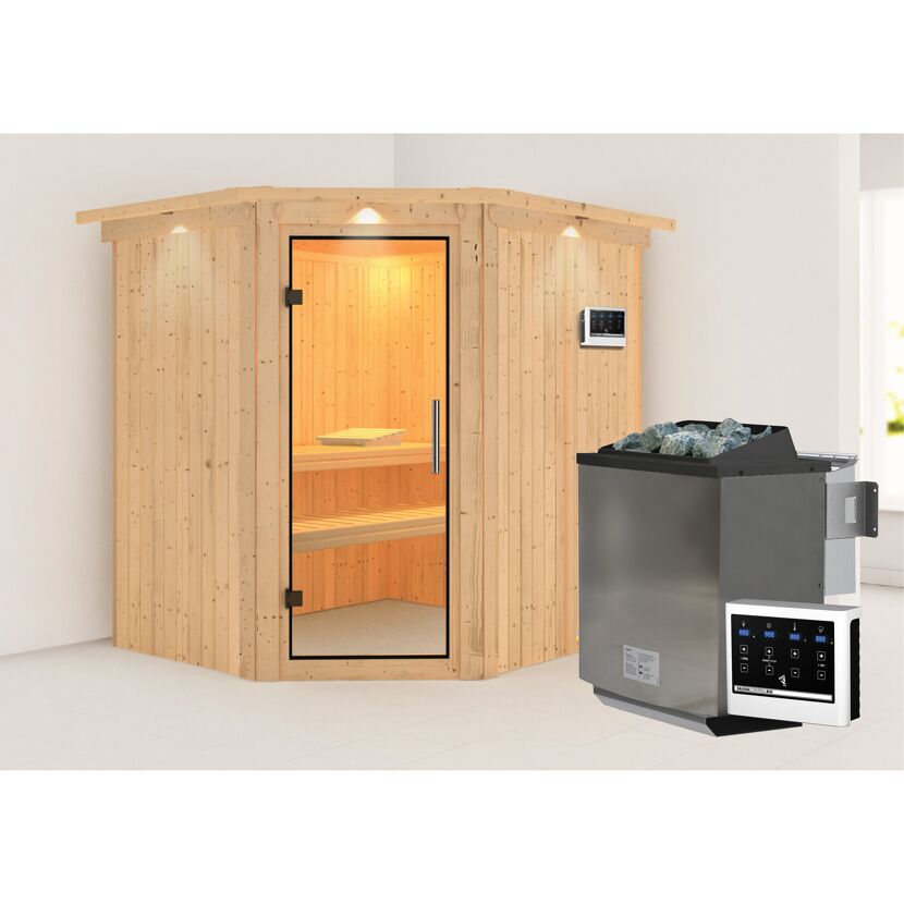 Ecksauna aus hellem Holz mit Saunaofen