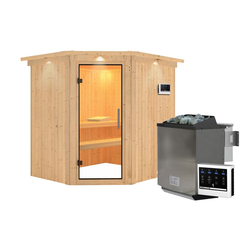 Ecksauna Alena aus Naturholz mit Saunaofen und Steuerung