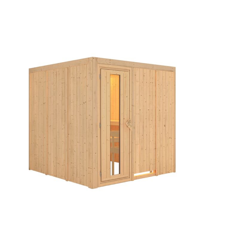 Außenansicht einer Sauna aus hellem Holz.