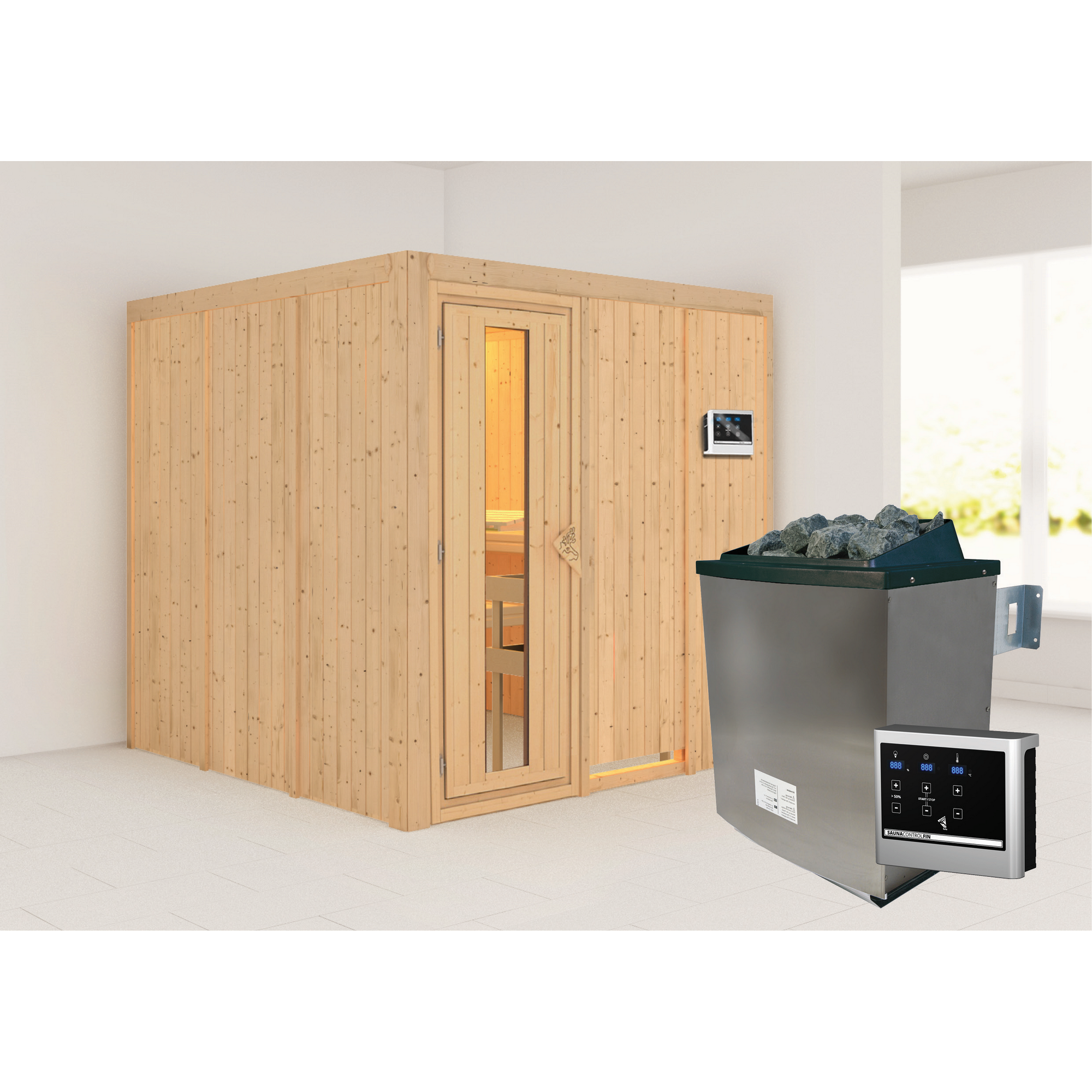 Elementsauna 'Alesia' naturbelassen mit Energiespartür 9 kW Ofen externe Steuerung Easy 196 x 196 x 198 cm