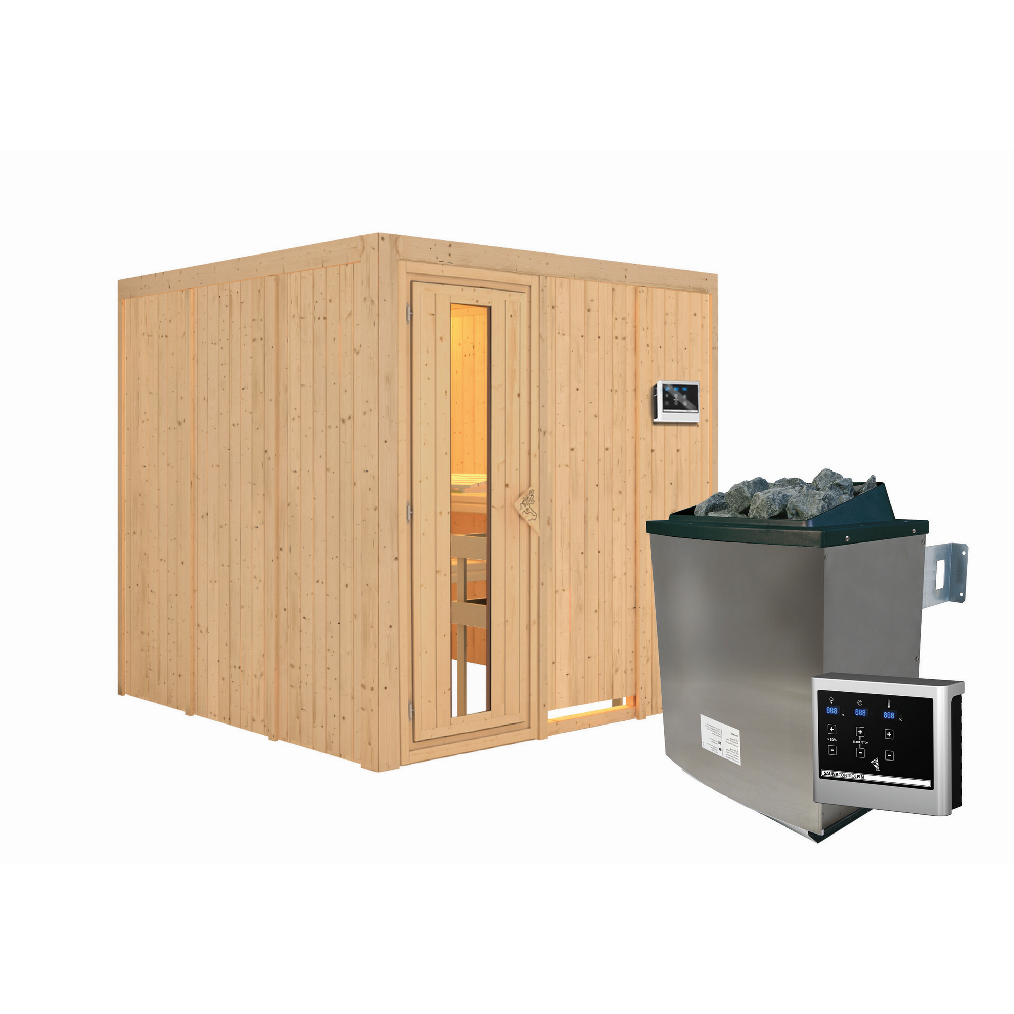 Elementsauna 'Alesia' naturbelassen mit Energiespartür 9 kW Ofen externe Steuerung Easy 196 x 196 x 198 cm