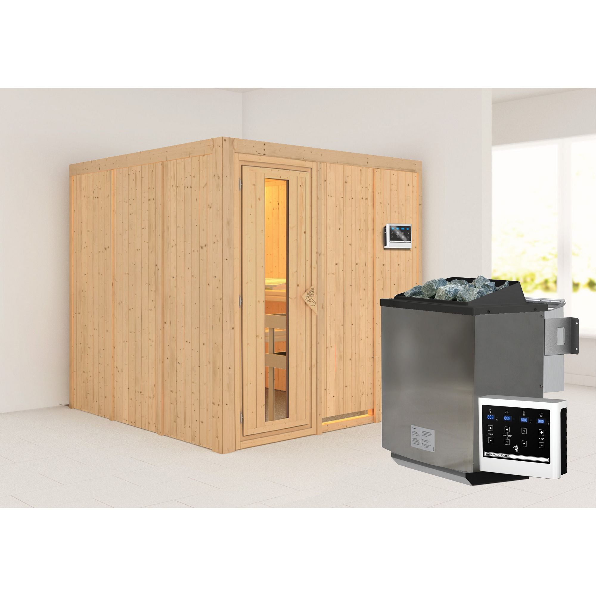 Elementsauna 'Alesia' naturbelassen mit Energiespartür 9 kW Bio-Ofen externe Steuerung Easy 196 x 196 x 198 cm