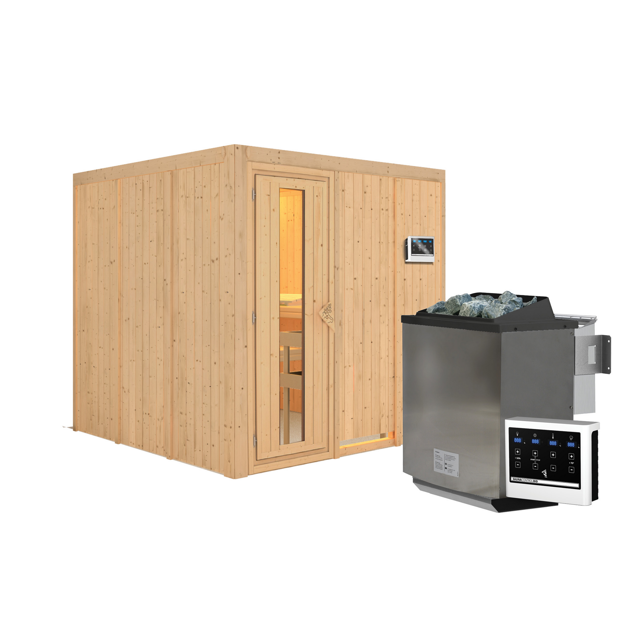 Elementsauna 'Alesia' naturbelassen mit Energiespartür 9 kW Bio-Ofen externe Steuerung Easy 196 x 196 x 198 cm