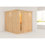 Sauna aus hellem Holz mit geöffneter Tür.