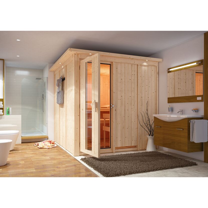 Elementsauna 'Alesia' naturbelassen mit Kranz und Energiespartür 9 kW Ofen integrierte Steuerung 210 x 210 x 202 cm