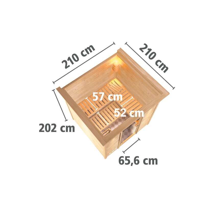 Elementsauna 'Alesia' naturbelassen mit Kranz und Energiespartür 9 kW Ofen integrierte Steuerung 210 x 210 x 202 cm