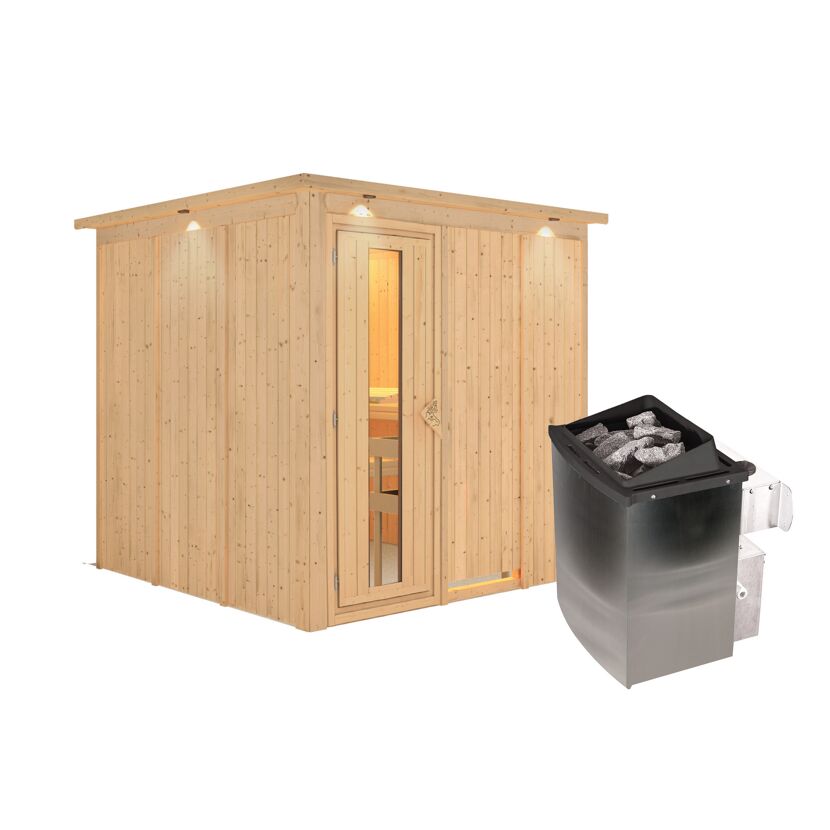 Elementsauna 'Alesia' naturbelassen mit Kranz und Energiespartür 9 kW Ofen integrierte Steuerung 210 x 210 x 202 cm