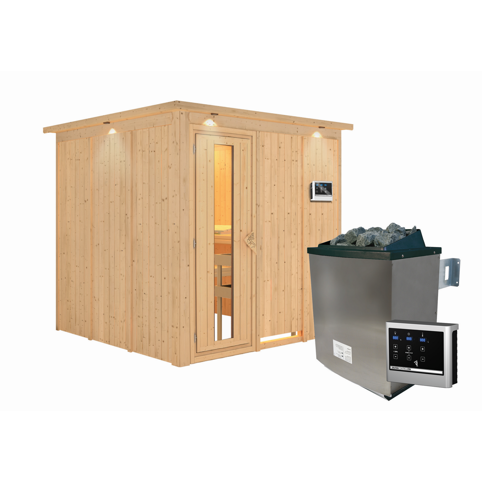 Sauna Alesia Front9KW natur mit Saunaofen