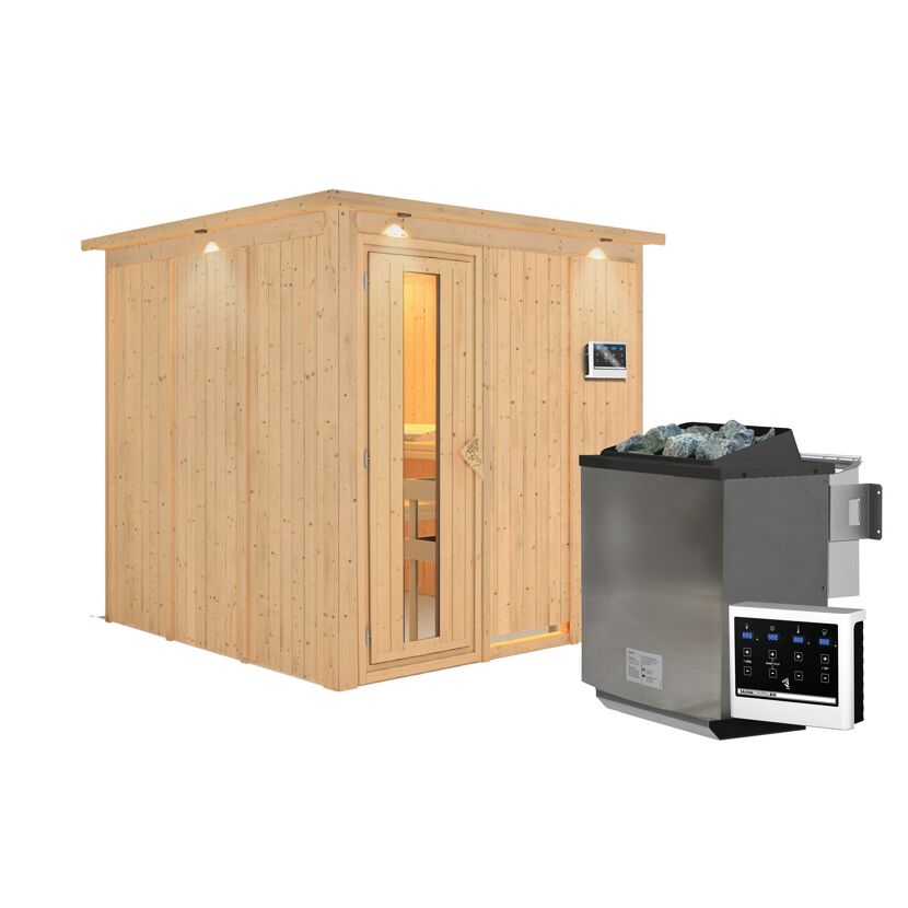 Elementsauna 'Alesia' naturbelassen mit Kranz und Energiespartür 9 kW Bio-Ofen externe Steuerung Easy 210 x 210 x 202 cm
