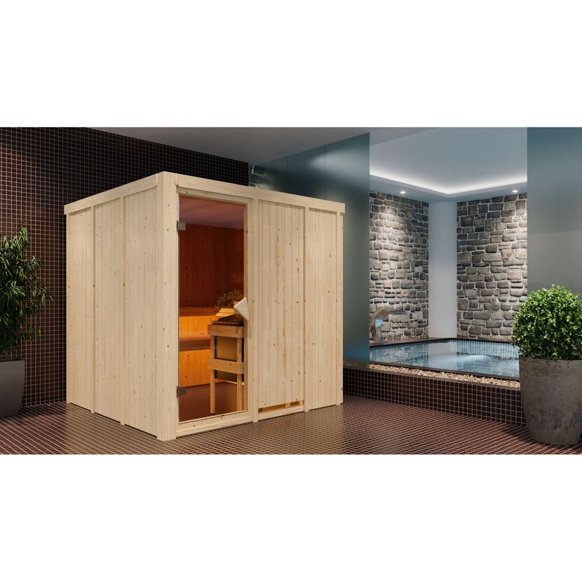 Elementsauna 'Alesia' naturbelassen 9 kW Ofen integrierte Steuerung 196 x 196 x 198 cm