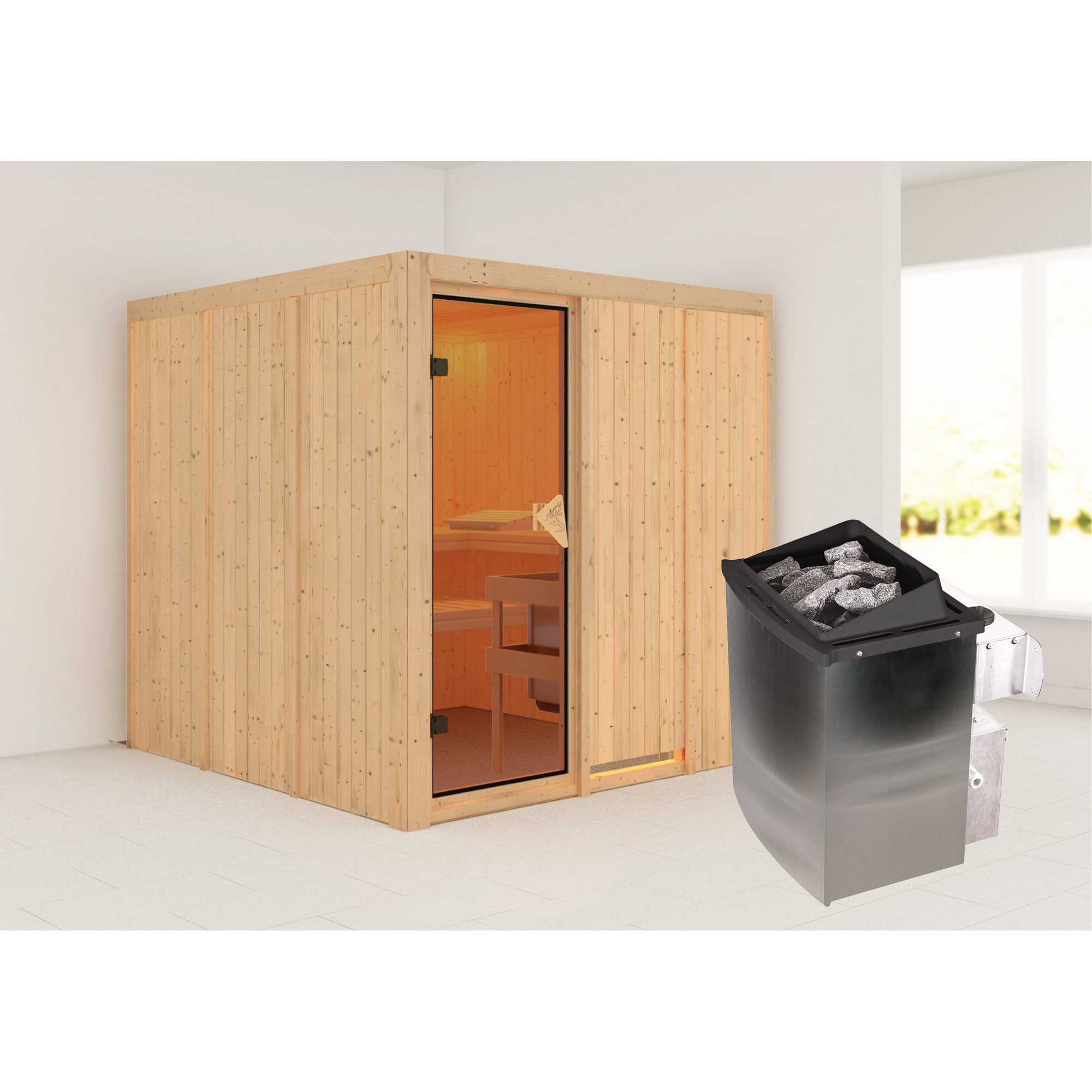 Elementsauna 'Alesia' naturbelassen 9 kW Ofen integrierte Steuerung 196 x 196 x 198 cm
