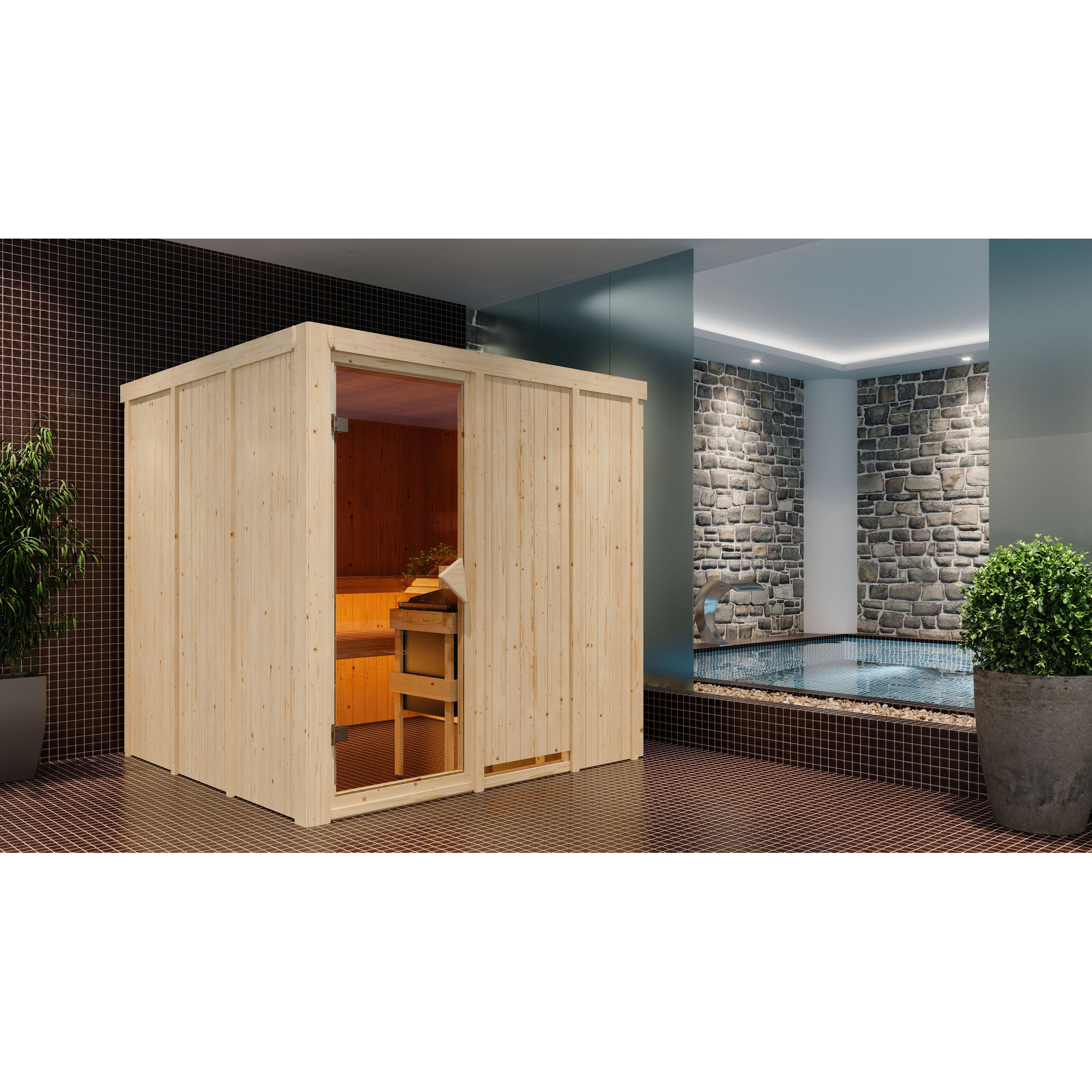 Elementsauna 'Alesia' naturbelassen 9 kW Ofen Edelstahl externe Steuerung Easy 196 x 196 x 198 cm + product picture