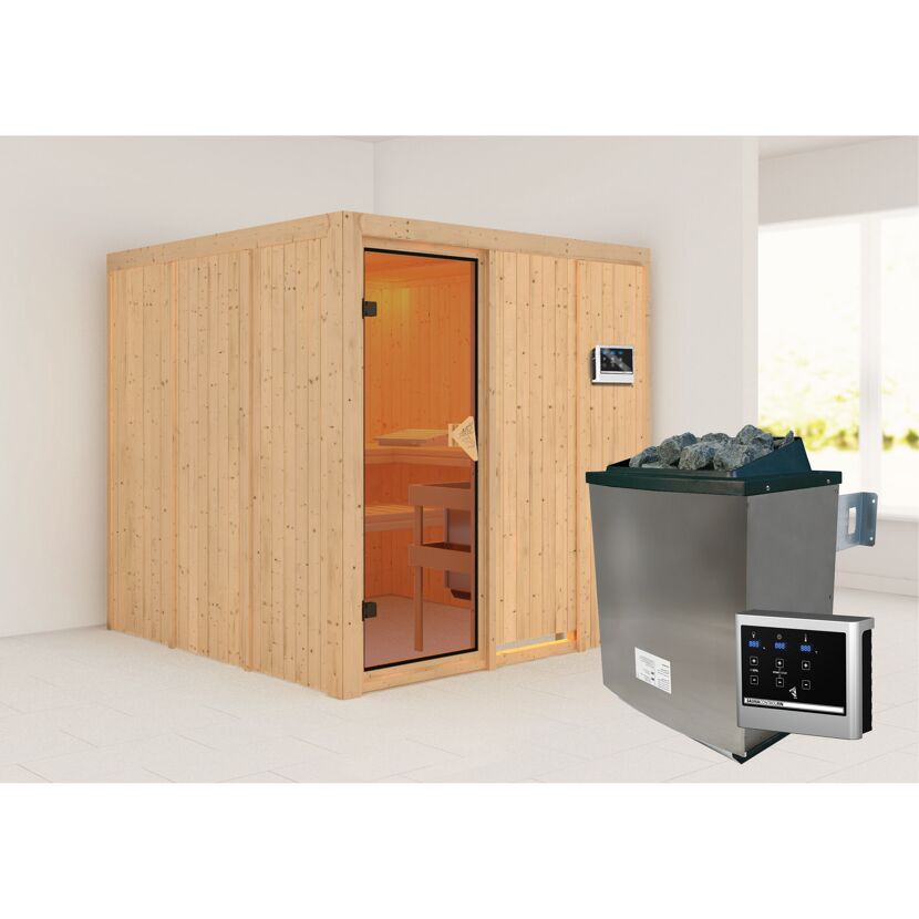 Sauna aus hellem Holz mit Saunaofen