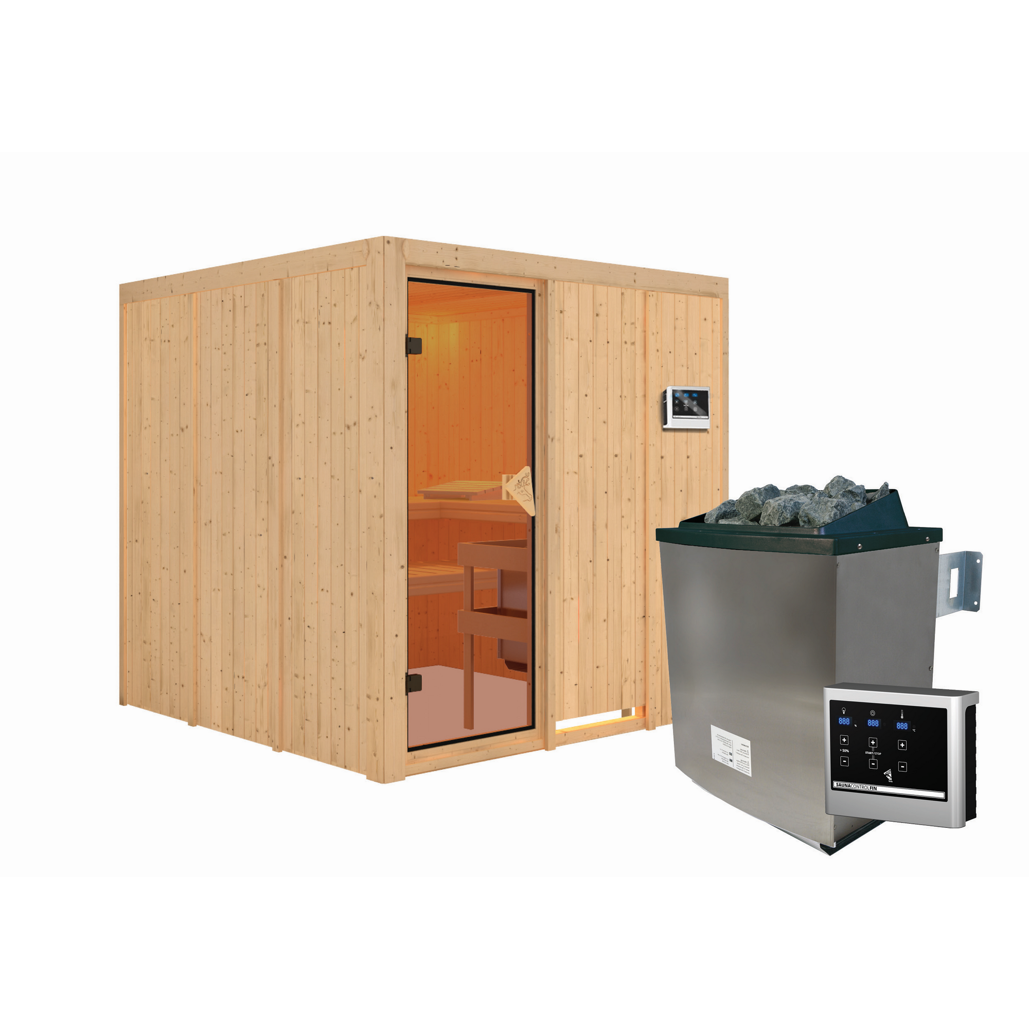 Elementsauna 'Alesia' naturbelassen 9 kW Ofen Edelstahl externe Steuerung Easy 196 x 196 x 198 cm + product picture