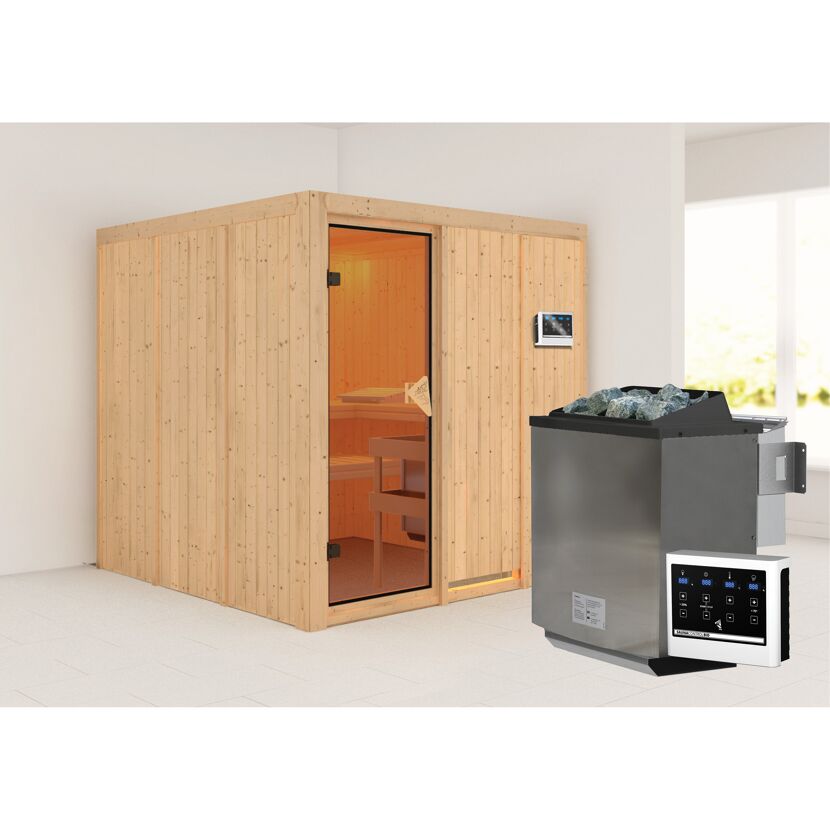 Elementsauna 'Alesia' naturbelassen 9 kW Bio-Ofen Edelstahl, externe Steuerung Easy 196 x 196 x 198 cm