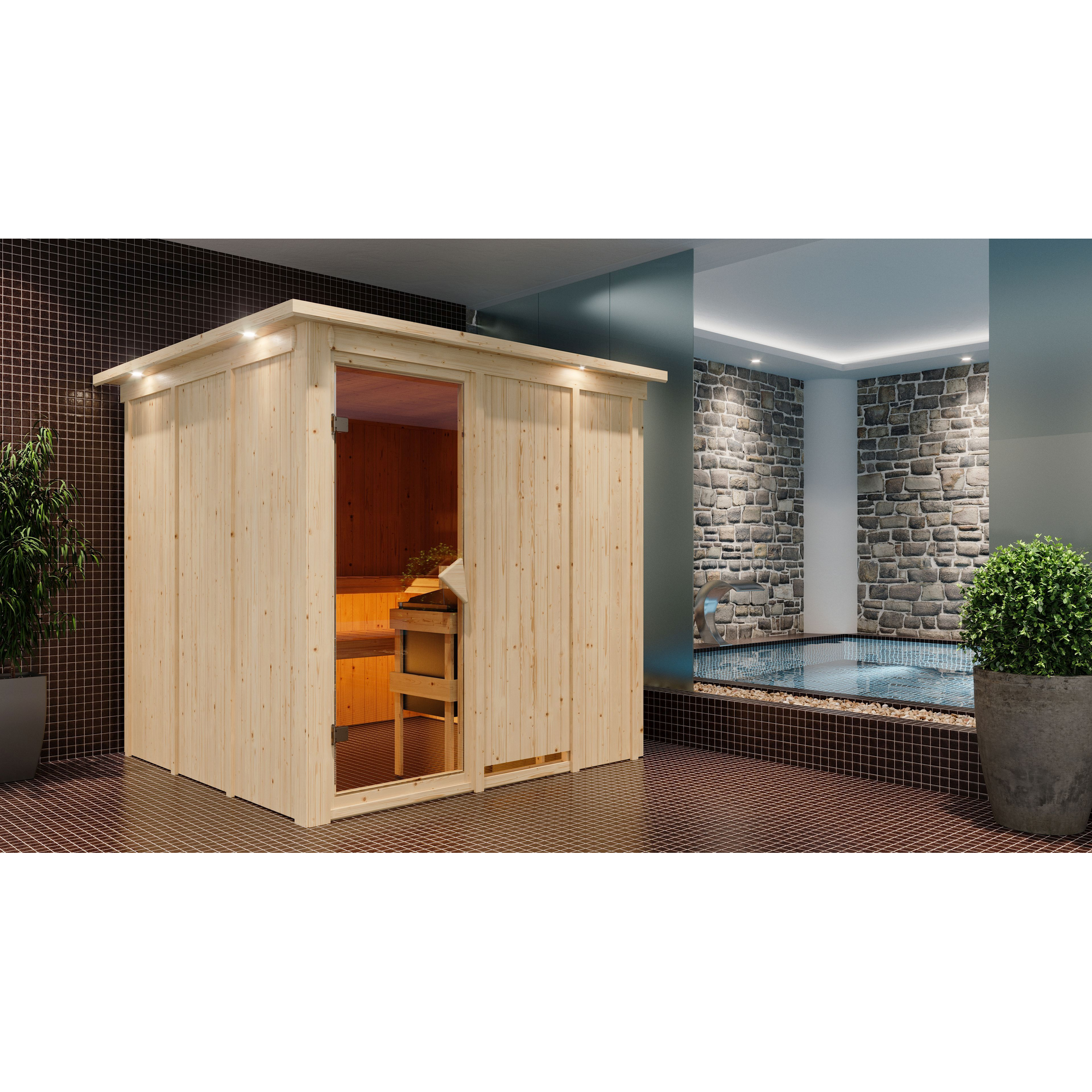 Elementsauna 'Alesia' naturbelassen mit Kranz und bronzierter Tür 210 x 210 x 202 cm