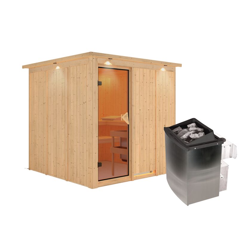 Sauna aus Holz mit Saunaofen