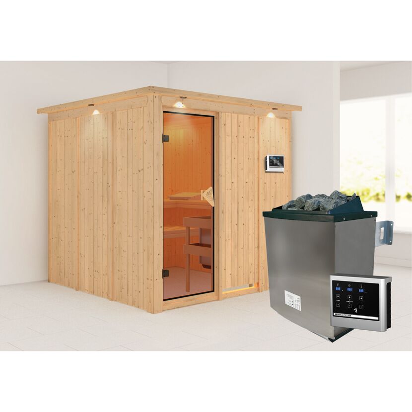 Sauna aus hellem Holz mit Saunaofen