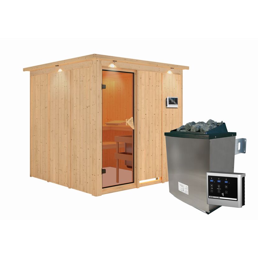 Sauna aus Holz mit Saunaofen und Steuerung