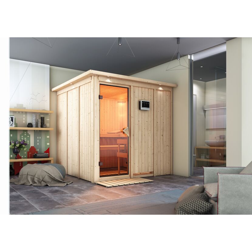 Elementsauna 'Alesia' naturbelassen mit Kranz 9 kW Bio-Ofen externe Steuerung Easy 210 x 210 x 202 cm