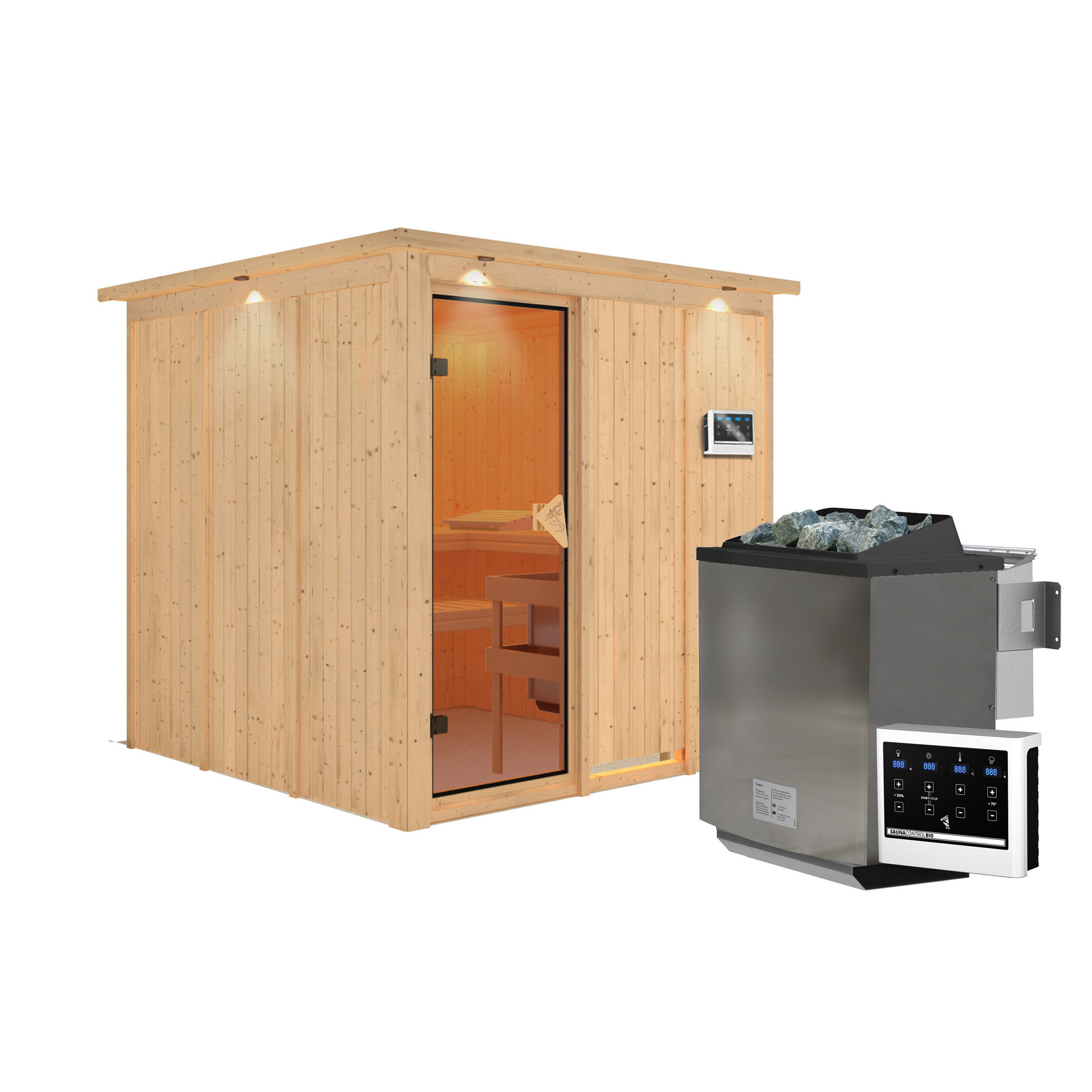 Elementsauna 'Alesia' naturbelassen mit Kranz 9 kW Bio-Ofen externe Steuerung Easy 210 x 210 x 202 cm