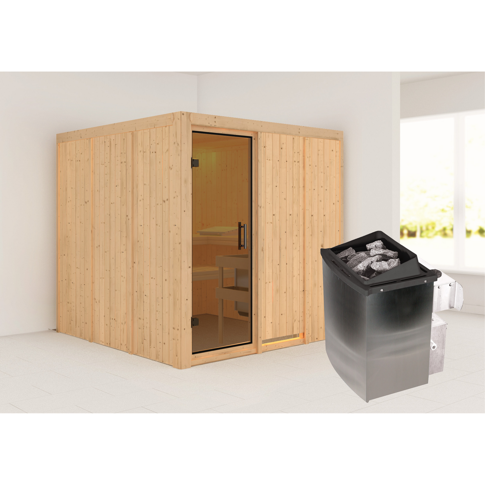 Elementsauna 'Alesia' naturbelassen mit graphitfarbener Tür 9 kW Ofen integrierte Steuerung 196 x 196 x 198 cm