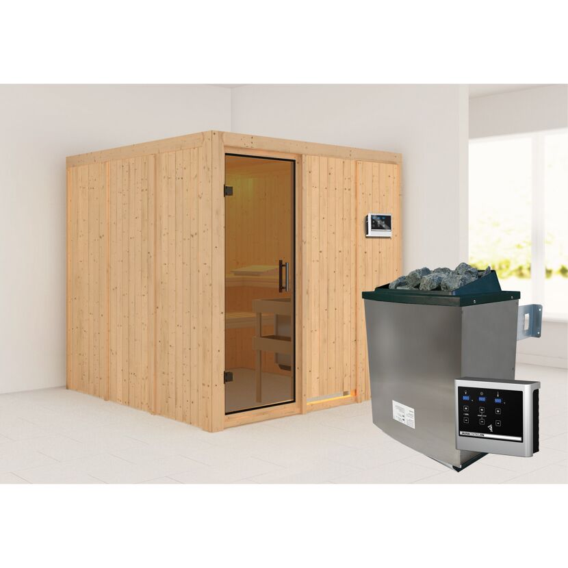 Sauna aus hellem Holz mit Saunaofen