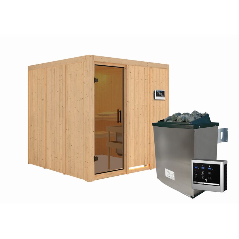 Sauna aus hellem Holz mit Saunaofen