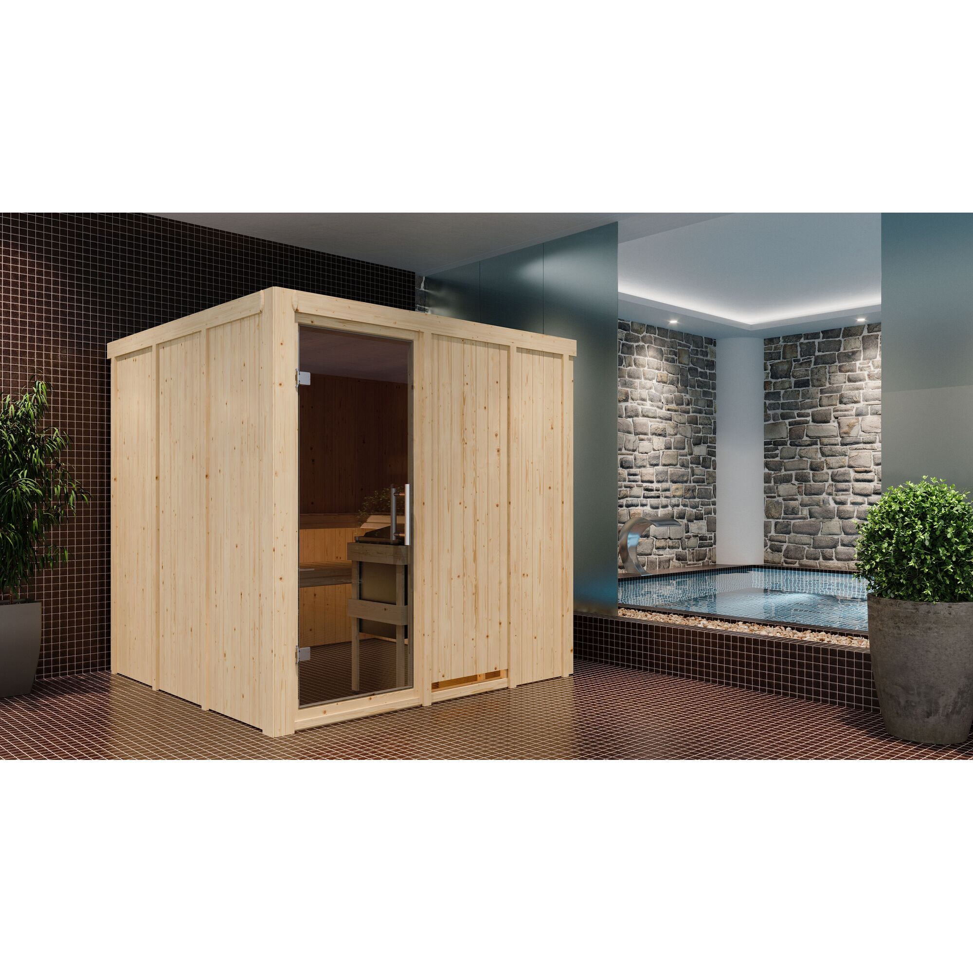Sauna aus hellem Holz in einem Badezimmer mit Pool