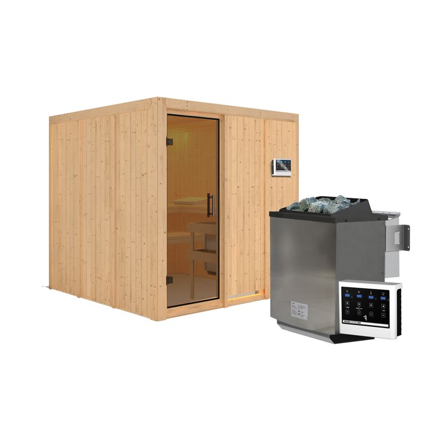 Außenansicht einer Sauna aus hellem Holz mit Saunaofen.