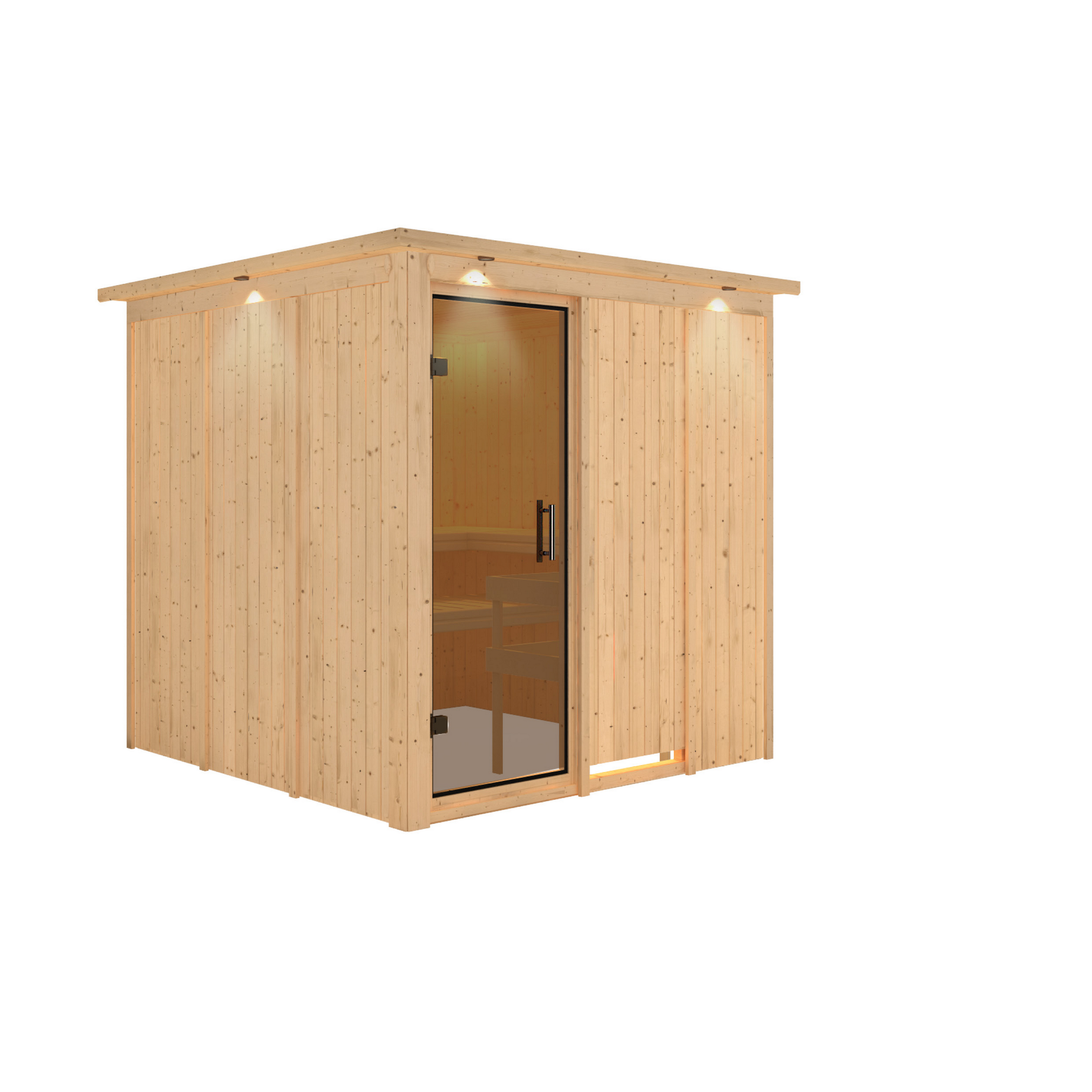 Außenansicht einer Sauna aus hellem Holz