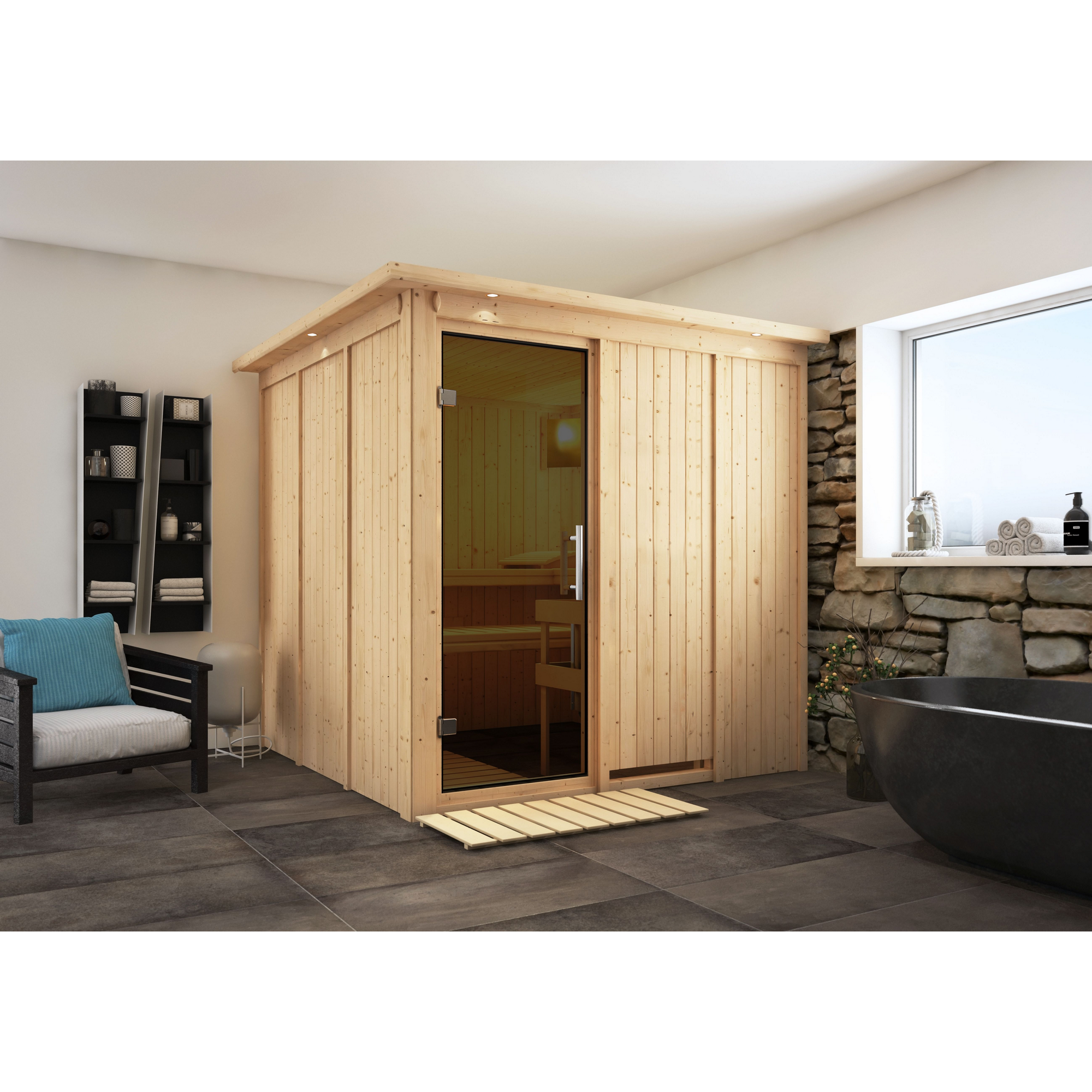 Elementsauna 'Alesia' naturbelassen mit Kranz und graphitfarbener Tür 9 kW Ofen integrierte Steuerung 210 x 210 x 202 cm + product picture