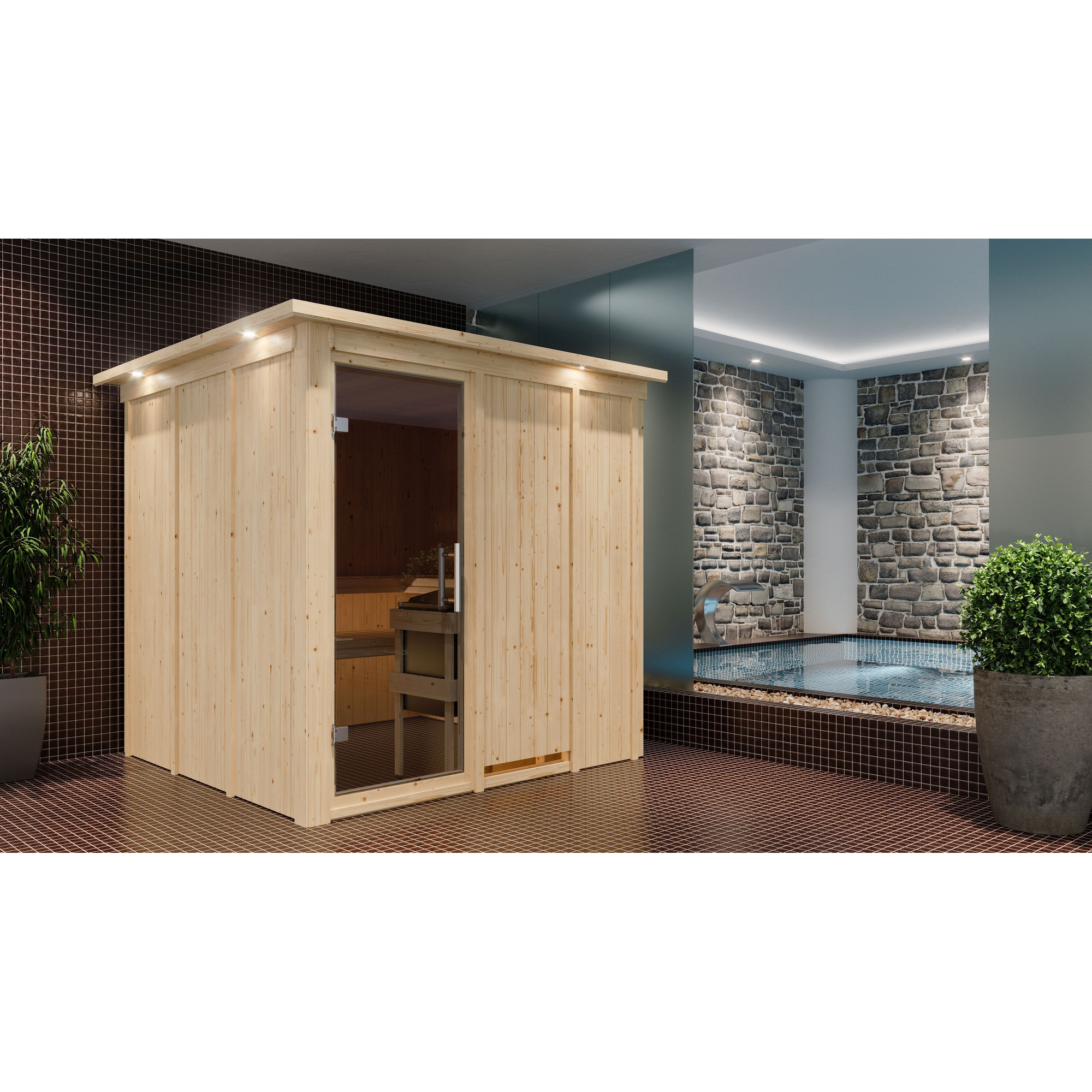 Elementsauna 'Alesia' naturbelassen mit Kranz und graphitfarbener Tür 9 kW Ofen integrierte Steuerung 210 x 210 x 202 cm + product picture