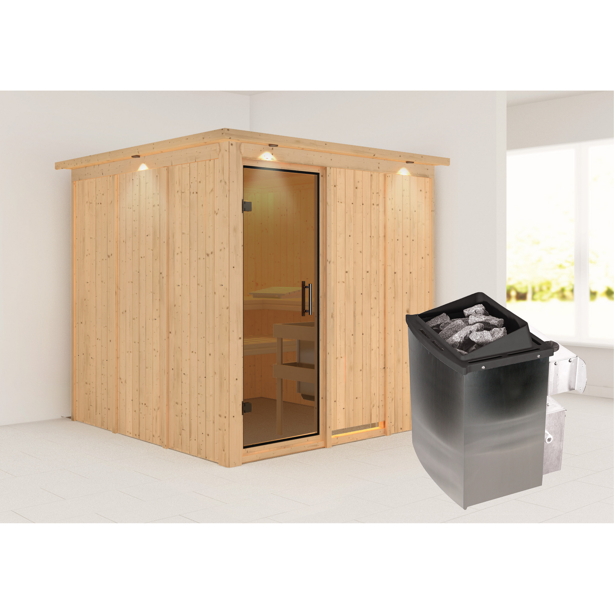 Elementsauna 'Alesia' naturbelassen mit Kranz und graphitfarbener Tür 9 kW Ofen integrierte Steuerung 210 x 210 x 202 cm + product picture