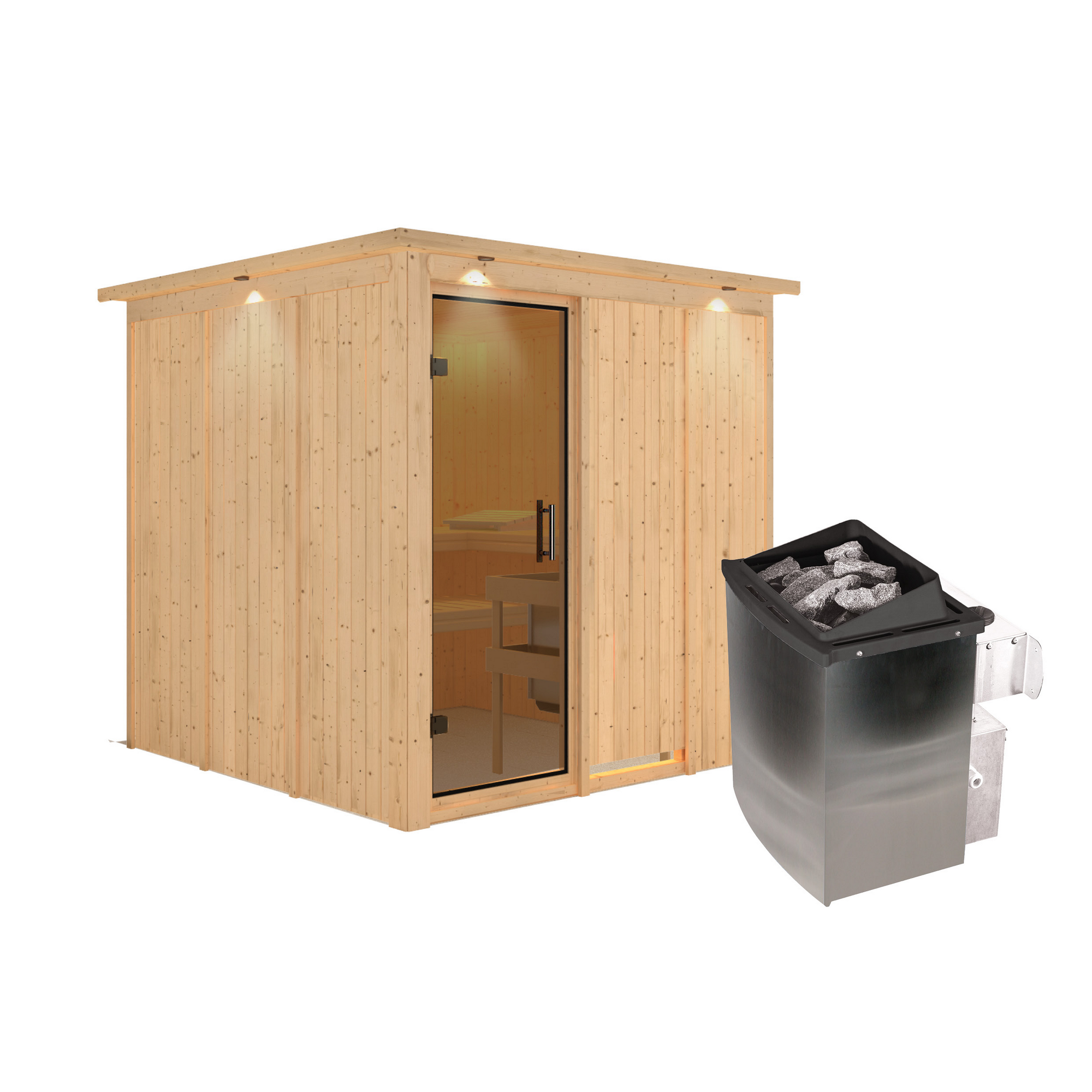 Elementsauna 'Alesia' naturbelassen mit Kranz und graphitfarbener Tür 9 kW Ofen integrierte Steuerung 210 x 210 x 202 cm + product picture